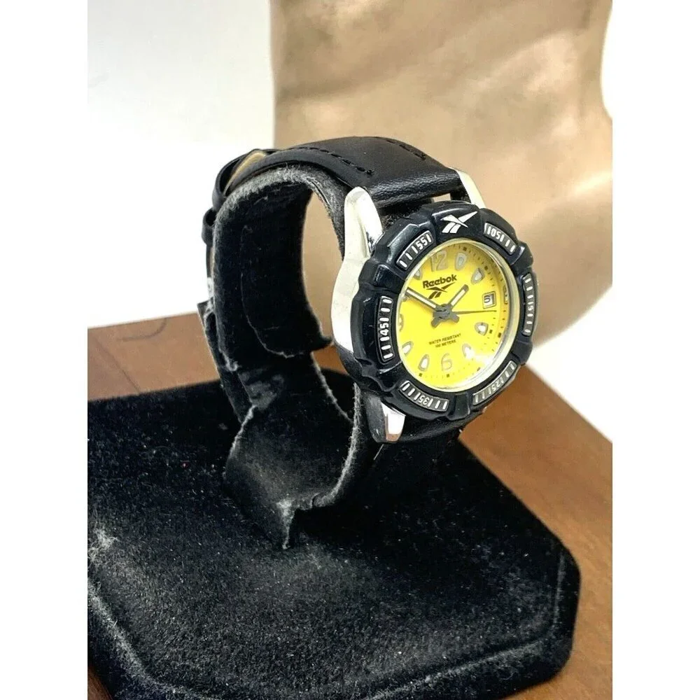 Reebok Women's Watch Quartz VX12 Diver Yellow Dial Black Leather Strap 29mm